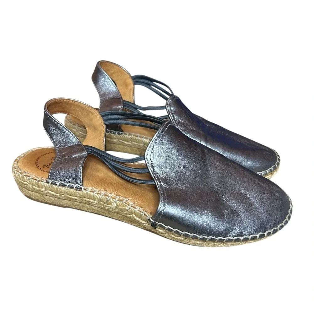 Toni Pons Metallic Silver Espadrille Sandals 39 Boho Leather Flats - Picture 9 of 10